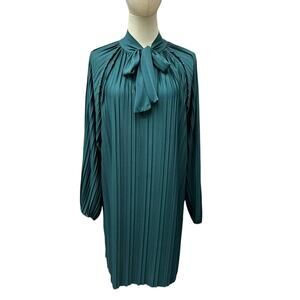 Zara Small Pleated Green Ascot Dress Tie Neck Balloon Sleeve Shift Party Emerald